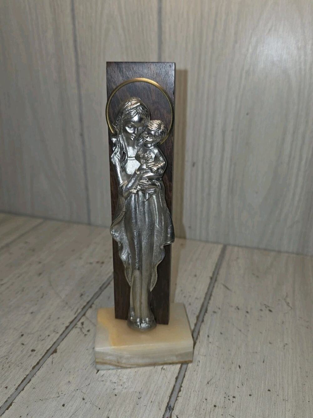 VTG Peltro Pewter Madonna & Child Figurine Wood Back Marble Base 8.5” England